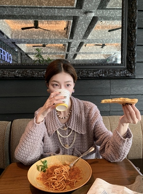 SourceWithU 花纱诗集 紫色手打小香风针织开衫绵羊毛气质半裙女