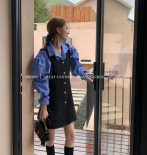 小香编织质感格纹小金扣直筒吊带背心裙 黑色 SourceWithU 白