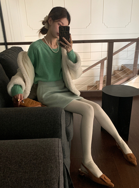 SourceWithU 冰岛绿 渐变配色马海毛小众毛衣绵羊毛半身裙两件套