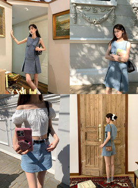 SourceWithU 西岸阳光 75棉提花牛仔背心裙复古港风衬衫a字裙裤女