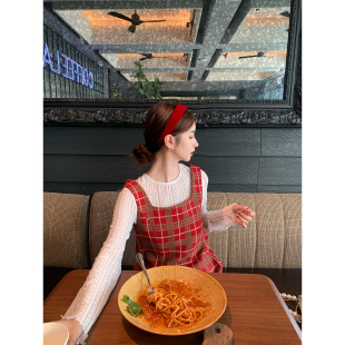 连衣裙 红色格纹提花背心裙显白气质方领短款 SourceWithU 鲁道夫