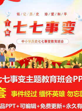 幼儿园中小学生卡通卢沟桥事变七七事变主题教育班会PPT成品课件
