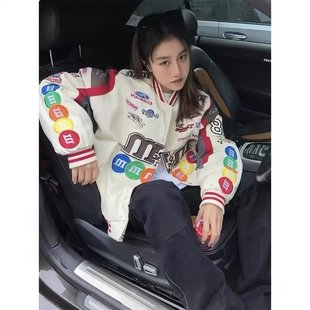 美式复古m豆刺绣棒球外套女春秋季机车服2023新款欧货国潮牌夹克