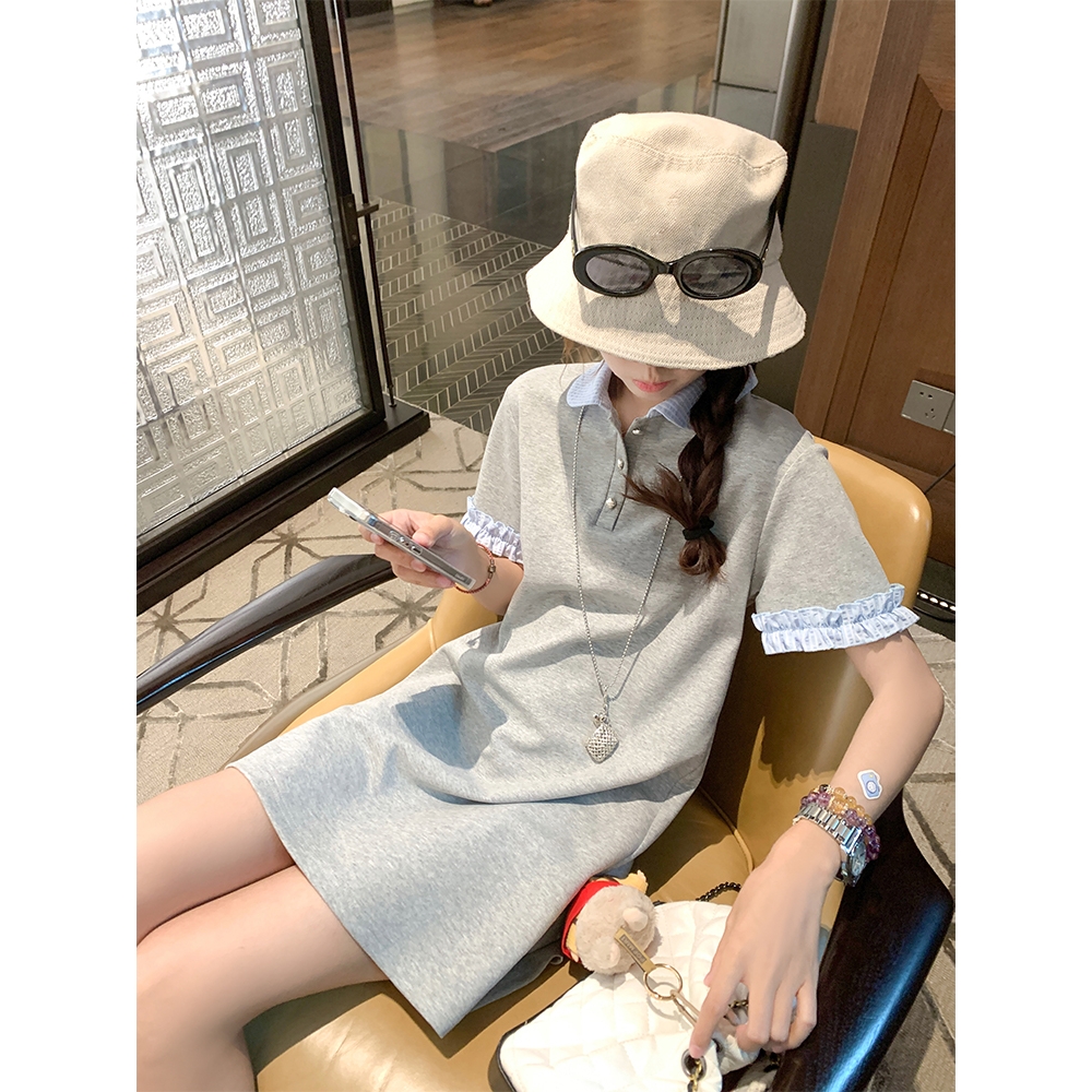 灰色Polo领假两件短袖连衣裙女夏季2025新款宽松短裙裙子