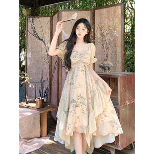 甜美公主长裙胖mm显瘦收腰不规则碎花连衣裙 大码 女装 夏季 茶歇法式