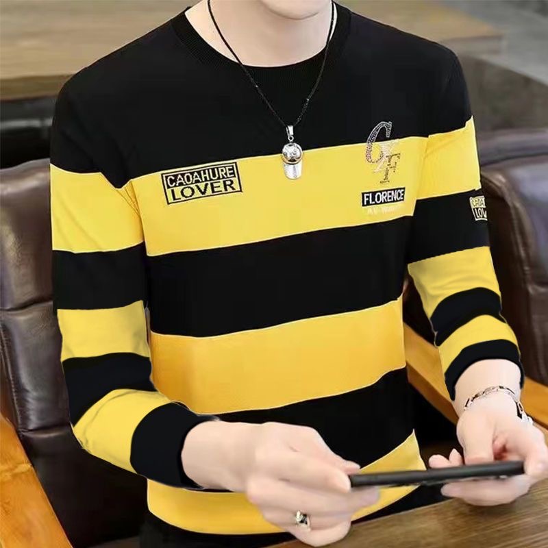 男士圆领春秋季长袖t恤数码印花打底衫内搭宽松条纹体恤休闲运动