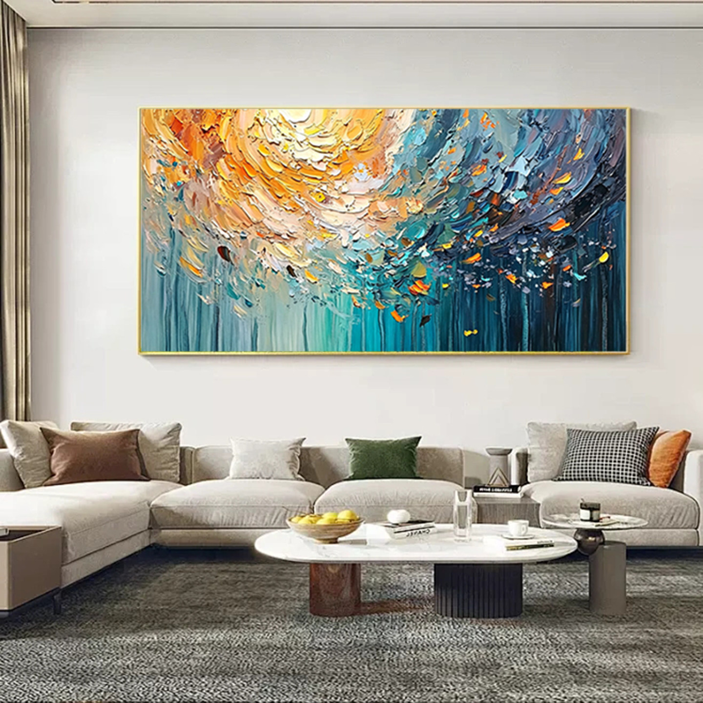 手绘油画橙蓝撞色抽象客厅装饰画