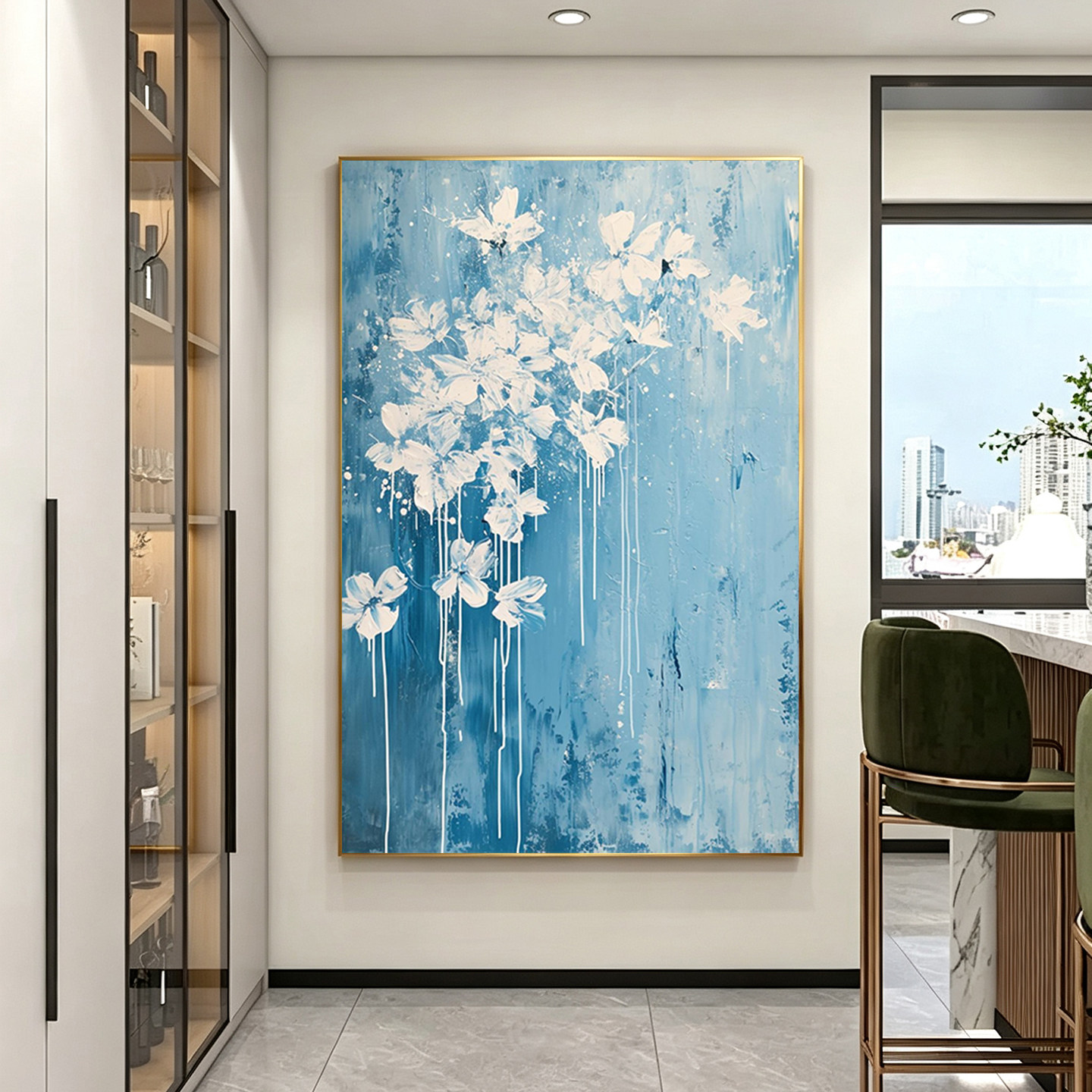 可班手绘油画蓝卉呈祥玄关装饰画