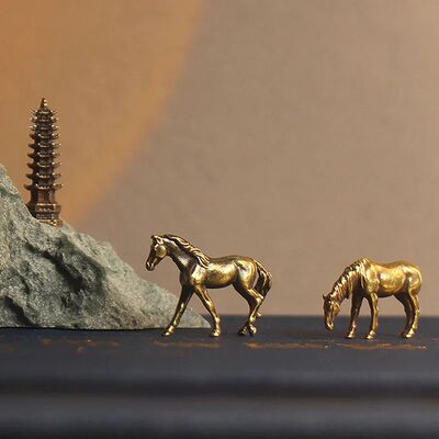Antique Brass Solid Long Tail Horse Figurines Miniatures Fen