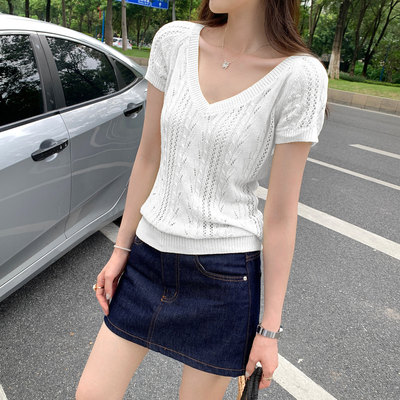 独特别致镂空微透V领针织短袖t恤女2026夏季新款修身显瘦绝美上衣