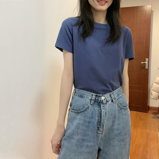 显瘦棉质上衣 正肩蓝色t恤女短袖 欧货2023新款 内搭打底衫 叠穿修身