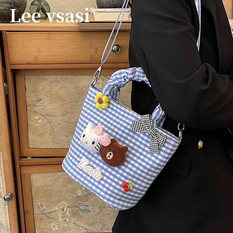Lee vsasi卡通可爱甜美格子帆布包包女2025新款时尚百搭单肩斜挎