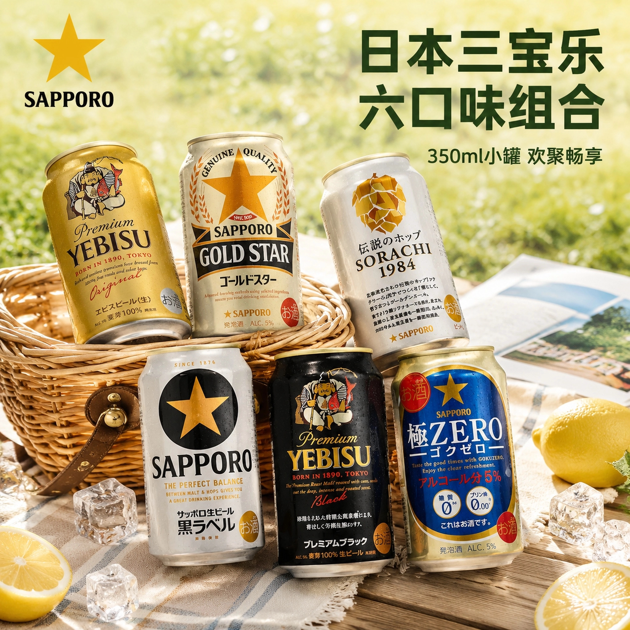 顺丰包邮日本进口三宝乐啤酒组合350/500ml罐惠比寿空知黑星金星