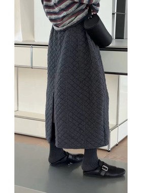 秒发诗歌兰96616小众极简设计感松紧腰休闲菱形格棉裙女2025秋冬