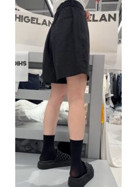 秒发诗歌兰58221时髦气质南瓜色后松紧腰麻料短袖26早春新款女装