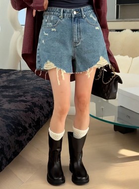 秒发主推诗歌兰58330-2破洞牛仔短裤A字小众潮百搭时髦25秋季女裤