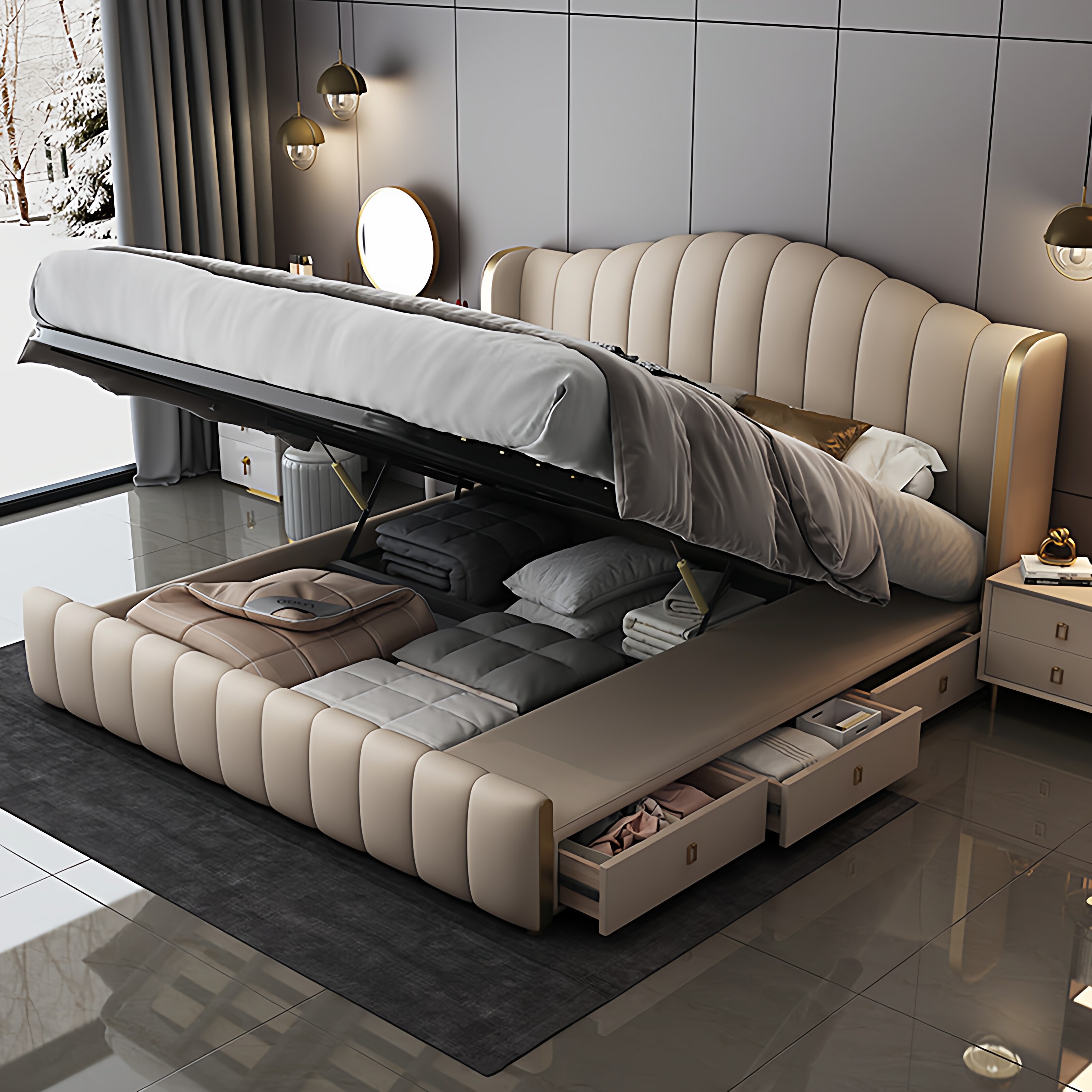 意式轻奢奶油风真皮主卧双人床现代简约主卧室大气高档箱储物婚床