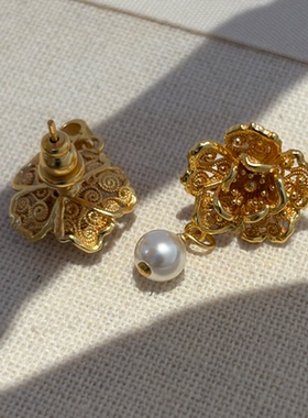 金色花朵珍珠耳环女小众设计高级感百搭耳钉