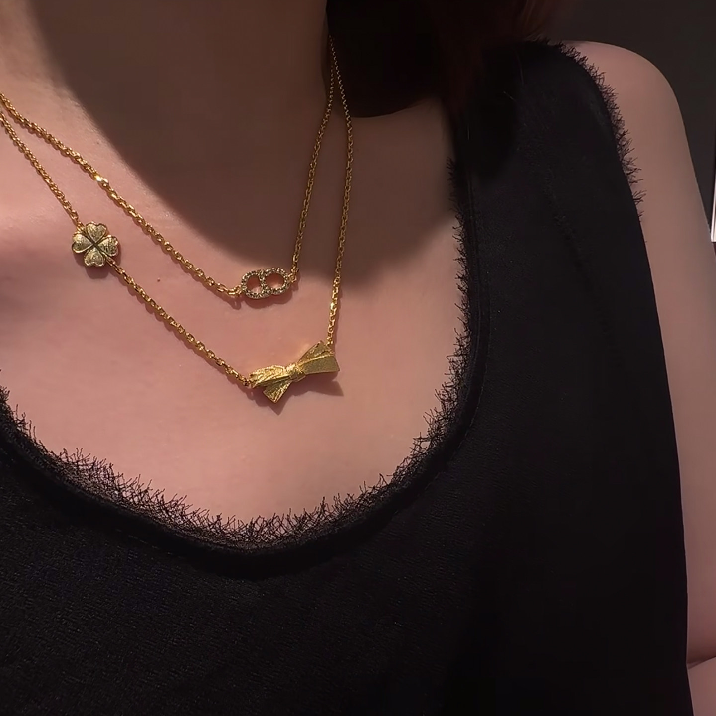 金色四叶草蝴蝶结双层锁骨链