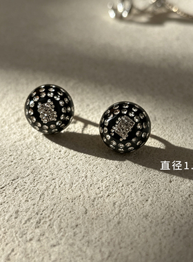 黑色圆形水钻925银针树脂耳钉