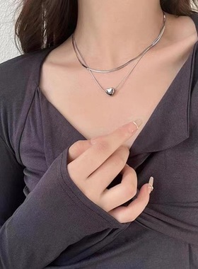 钛钢ins冷淡风爱心叠戴项链女轻奢小众设计双层锁骨链气质颈链