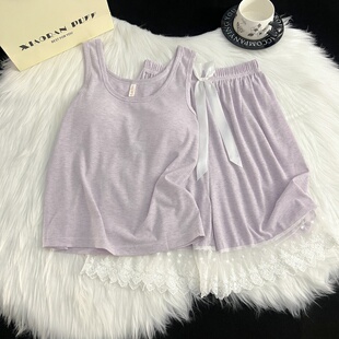 甜美风冰丝螺纹吊带背心睡衣女夏季凉感家居服背心短裤套装带胸垫