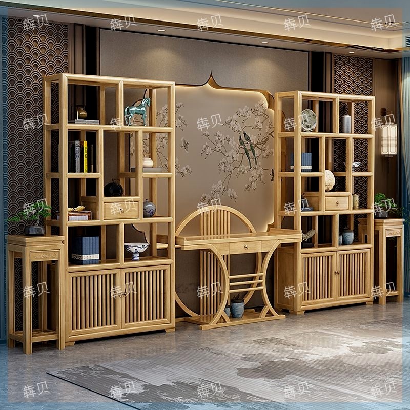新款原木色博古架实木中式多宝阁茶叶展示现代办公客厅多层置物架