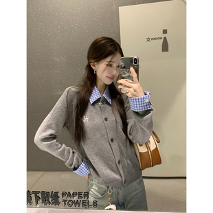 陆小团团安可雷假两件针织开衫2024秋新款复古英伦风穿搭显瘦上衣