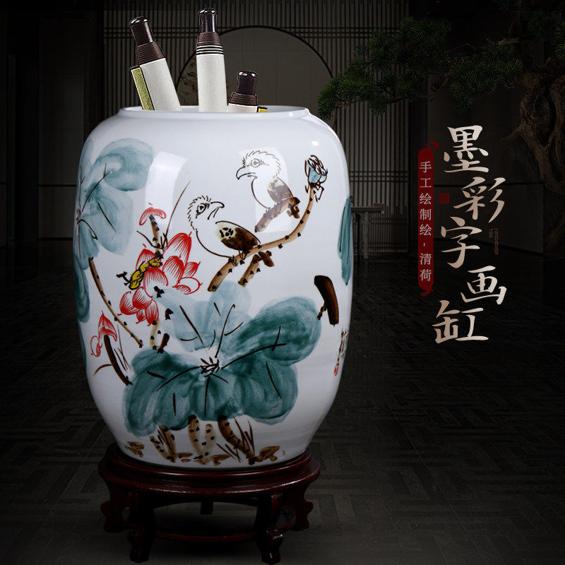 景德镇陶瓷手绘荷花书画缸卷轴缸字画筒落地大号客厅家居装饰摆件