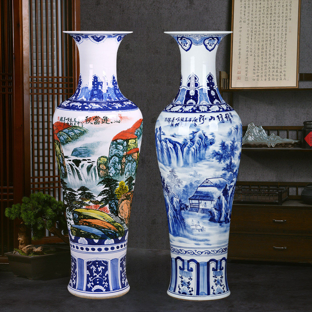 手绘陶瓷器落地大花瓶山水鸿运图客厅家居新房装饰中式摆件
