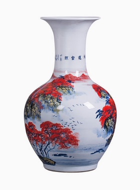 景德镇陶瓷器名家手绘赏瓶客厅落地大花瓶新中式摆件大号特大红色