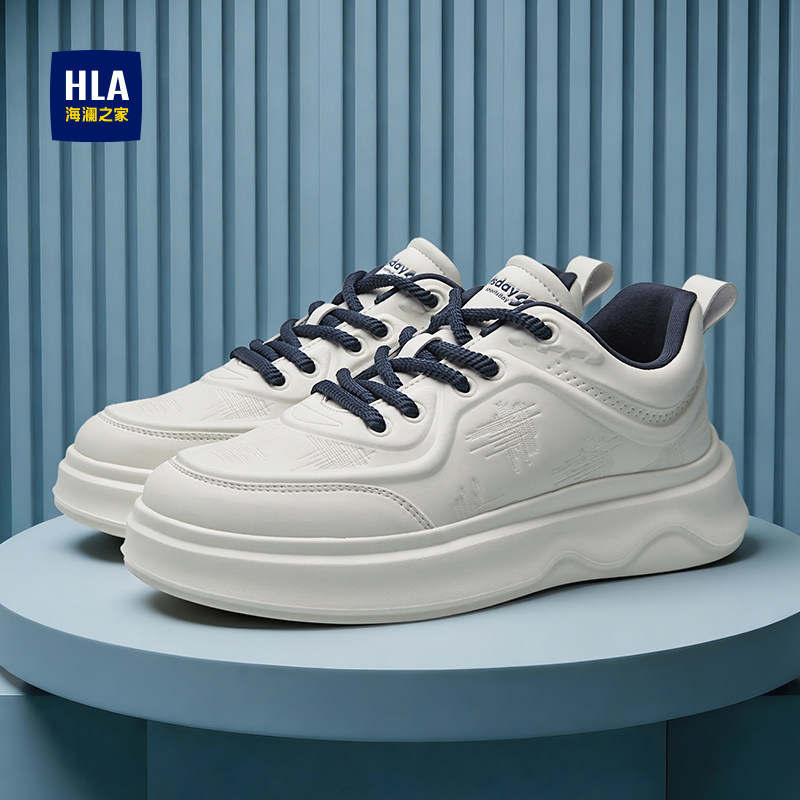 HLA/海澜之家男鞋新款冬季休闲系带舒适增高板鞋加绒男士小白鞋