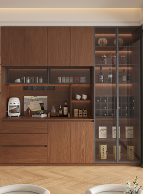 全实木定制餐边柜靠墙一体碗柜客厅家用玻璃胡桃橡木收纳储物橱柜