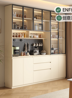 定制实木餐边柜洞洞板靠墙一体白色橡木玻璃落地咖啡储物茶水柜子