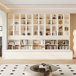 实木定制卡座书柜一体整墙客厅橡木玻璃展示柜满墙置储物落地书架