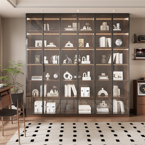 定制书柜橡木实木整墙落地书架胡桃木带玻璃门展示客厅陈列组合柜