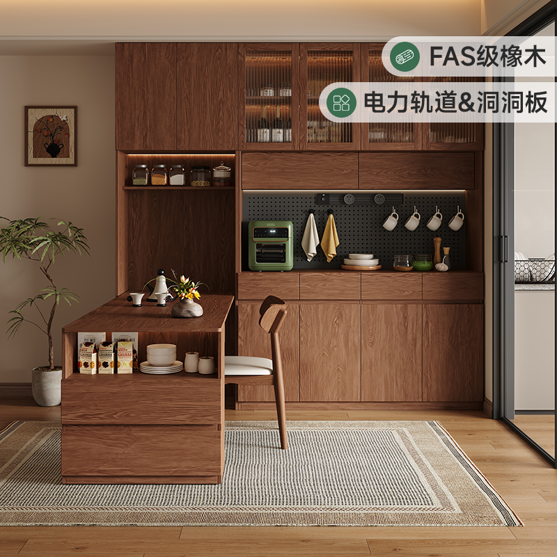 餐边柜定制橡木实木客厅折叠收缩餐桌一体深胡桃靠墙到顶储物橱柜