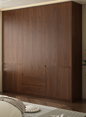 橡木定制分段式免拉手衣柜全实木胡桃木色储物柜平开门储物大衣橱