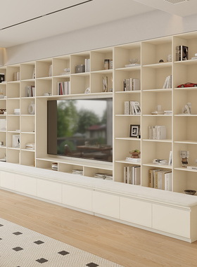 橡木定制满墙卡座一体书柜全实木白色到顶摆件展示书架客厅电视柜