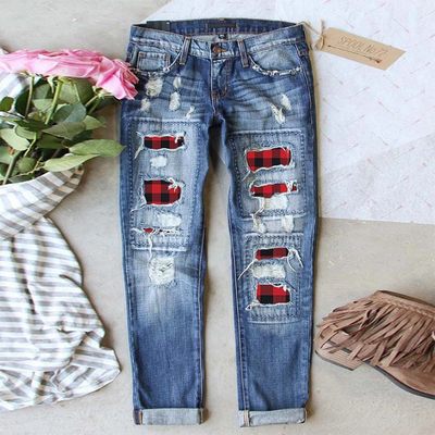 Straight leg jeans with red checkered printed patch and torn