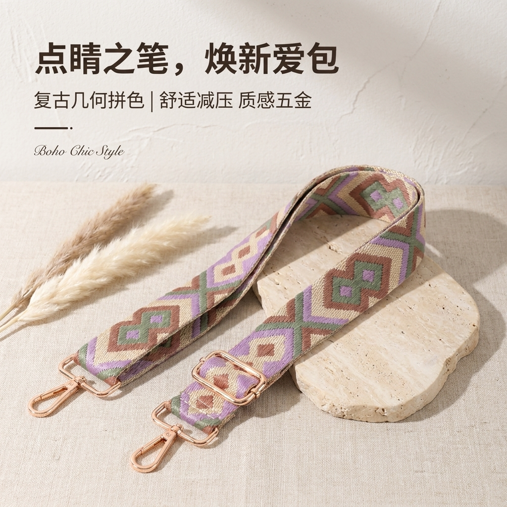 复古波西米亚几何拼色宽肩带质感包带