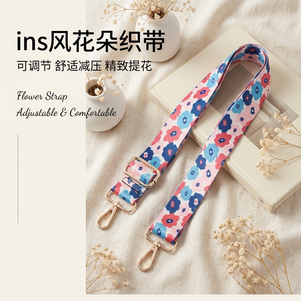 ins风花朵印花包带可调节宽幅金属扣斜挎肩带减压替换配件
