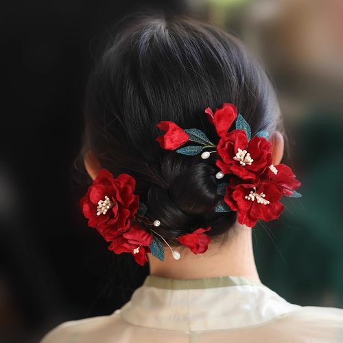 原创新中式复古红色花朵发夹古风新娘头饰高级感秀禾旗袍礼服配饰