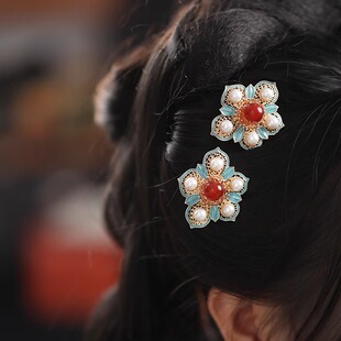 明制 马面裙发簪秋冬新中式烧蓝U型发钗盘发簪子红色秀禾汉服头饰