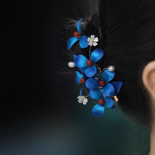 原创手工非遗绒花花朵发夹女新中式丸子头旗袍汉服发饰夹子侧边夹