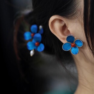 新中式国风耳钉纯手工非遗绒花花朵耳钉蓝色 古风旗袍汉服耳饰
