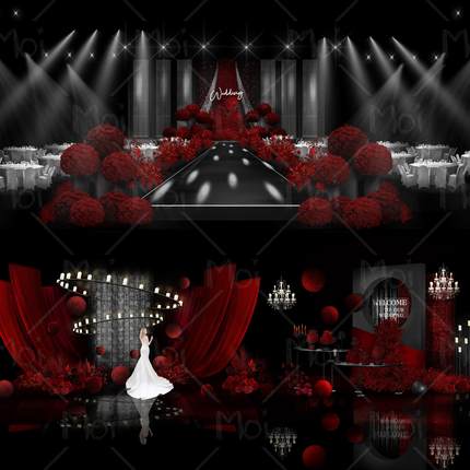 黑红色婚礼小众婚礼原创酒红色婚礼素材布幔水晶灯PSD素材效果图