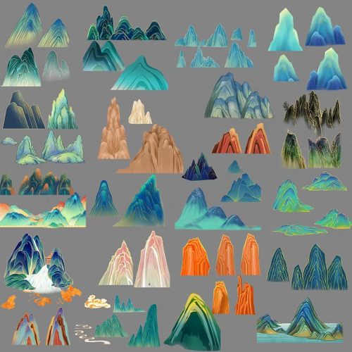 中式婚礼国潮山假山psd图设计素材舞台石头png青绿山水图库源文件