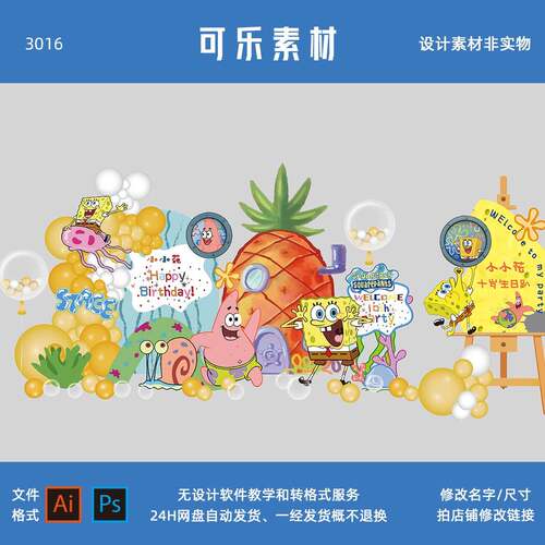海绵宝宝派大星菠萝海洋宝宝宴百天生日宴周岁派对背景设计素材