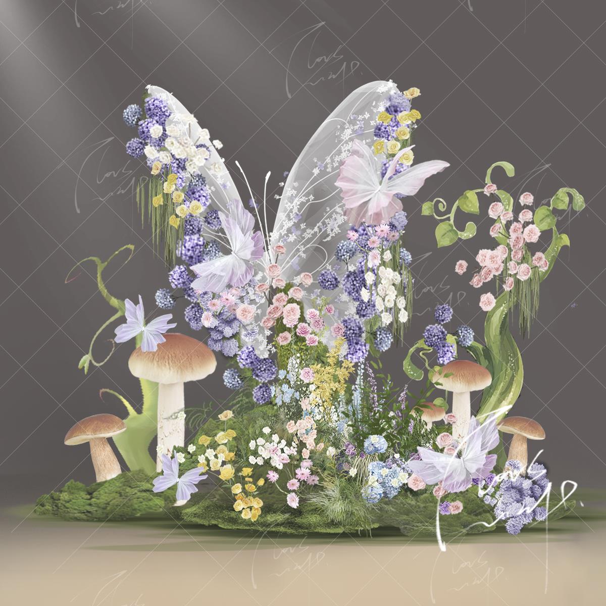 大型铁艺蝴蝶莫奈花园婚礼素材简约效果图婚礼花艺psd源文件